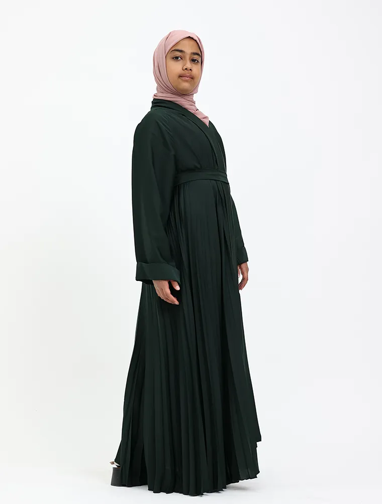 Girls Green Pleated Silhouette Abaya